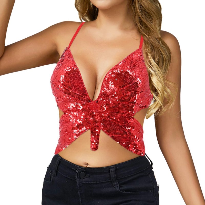 Mocure Womens Glitter Sequin Butterfly Crop Top Low-Cut Tank Top Rave Tube Vest Top for Belly Dance Costume Outfits - Image 3